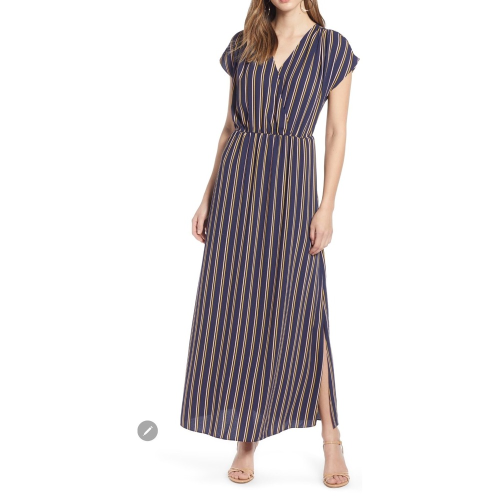 Hallagen Sz L 12 14 Maxi Striped Navy‎ Pink Pink V-Neck Long Cap Sleeve Spring